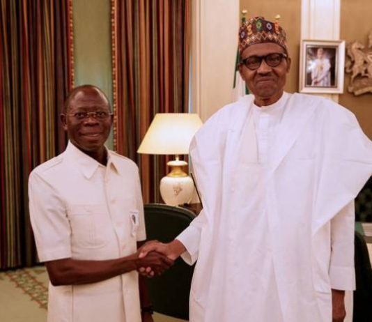 President Buhari Felicitates with APC National Chairman, Adams Oshiomhole at 68