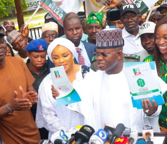 Thousands storm APC Secretariat as Yahaya Bello picks nomination forms